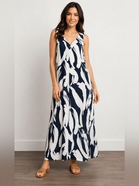 NWT DKNY Abstract Print Sleeveless Maxi Dress Navy & White